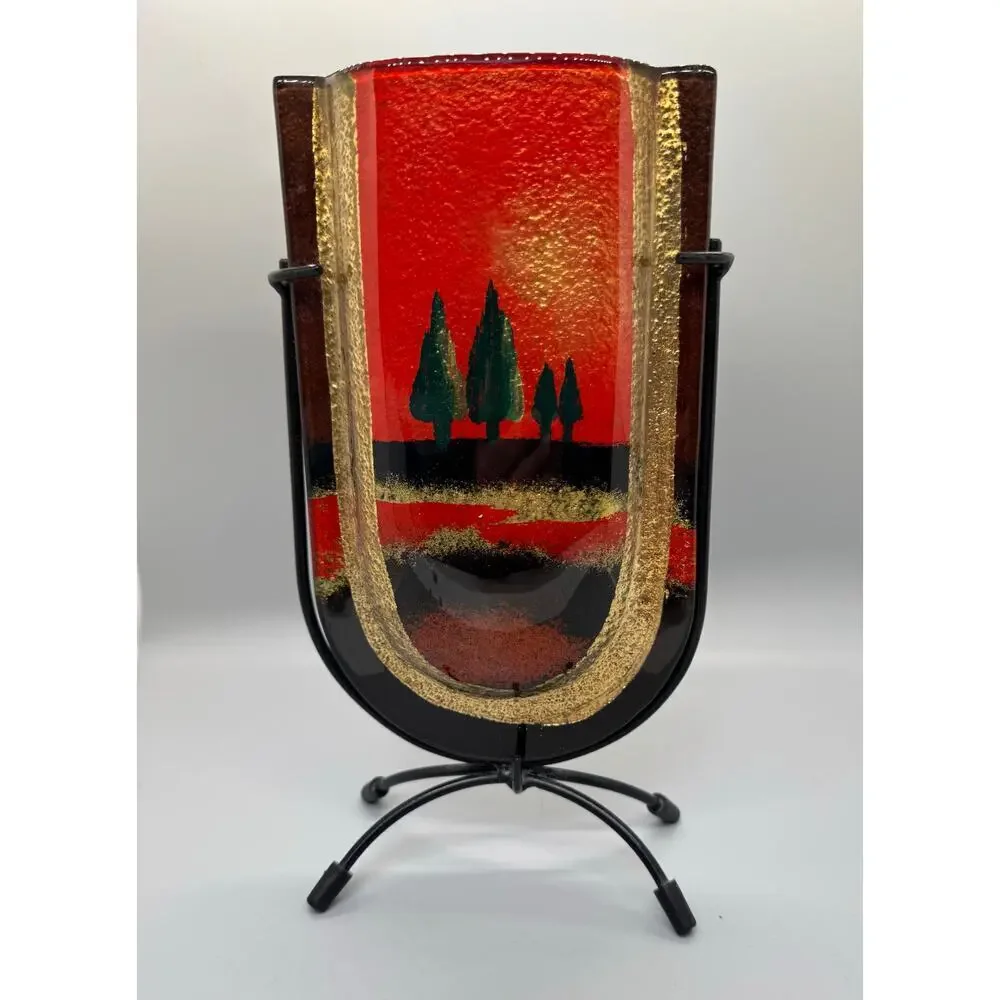 Vintage Jasmine Art Glass Vase in Metal Stand Black Gold Red Green Trees Vibrant